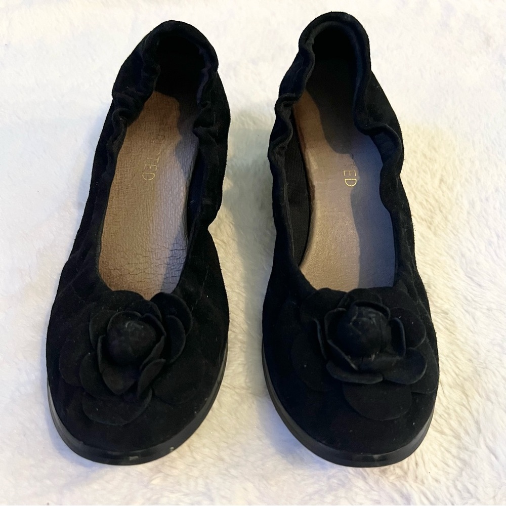 Restricted Black Suede Scrunch Rosette Wedges Size 6.5
